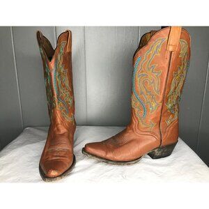 JB Dillon Boots GOAT Skin Cowboy Cowgirl Tan BOOTS Womens Sz 7 B Teal Stitching